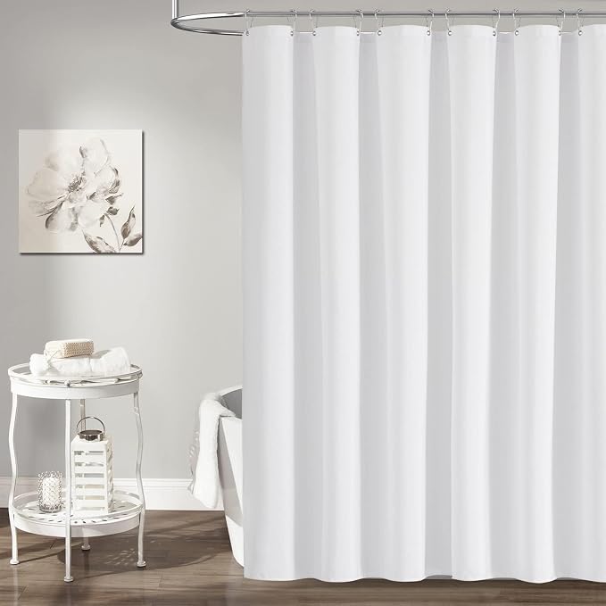BTTN Long Fabric Shower Curtain - 72x80 Inch Linen Textured Heavy Duty Polyester Cloth Shower Curtain Set with Plastic Hooks, Hotel Trendy Luxury Waterproof Modern Shower Curtains for Bathroom, White