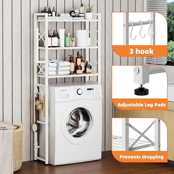 Simple Trending Over The Toilet Storage Rack with Toilet Paper Holder, Heavy Duty Metal 3 Tier Bathroom Organizer Shelf with 3 Hooks, White