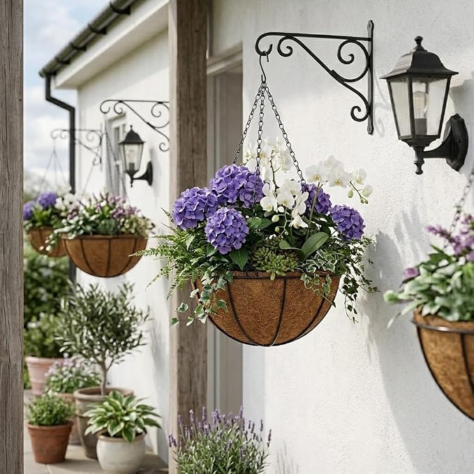 10 Inch Metal Hanging Basket with Coco Coir Liner for Flowers Planting, 2 Pack Hanging Baskets for Plants Outdoor, Round Wire Planters with Chain for Home Patio Porch Balcony Garden Decor