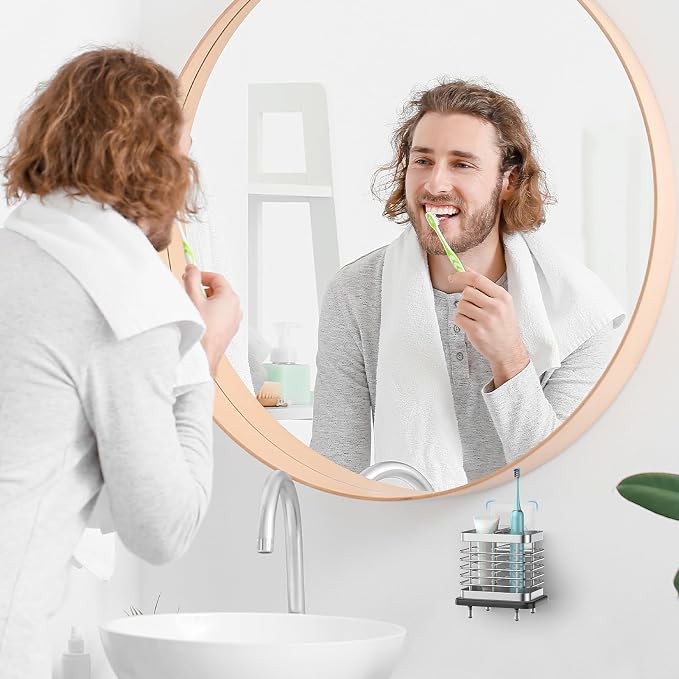 Toothbrush Holders for Bathroom, Adhesive Electric Toothbrush Holder with Fast Dry Tray Wall Mounted Toothbrush Holder Shower Toothpaste Bathroom Organizer Essentials, 2 Slots, Silver