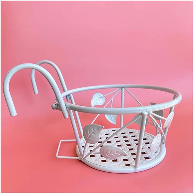 1 PCS Iron Art Hanging Baskets Flower Pot Holder, Holder Plant Holder Over The Rail Metal Fence Planters for Patio Balcony Porch or Fence (1pcs White Pattern)