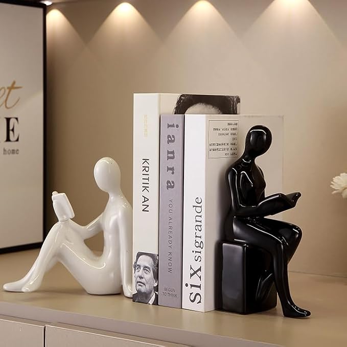 Modern Decorative Ceramic Reading Figure Bookends, Contemporary Minimalist Book Holders for Shelves, Office Home Library Decor (Black+ White)