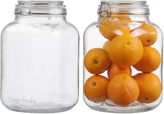 1 Gallon Glass Jars Mouth Storage Jar with Airtight Lids Sturdy Large Square Canning Jars with Measurement Mark for Kitchen, Pantry (Glass Lid)
