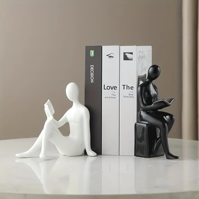 Modern Decorative Ceramic Reading Figure Bookends, Contemporary Minimalist Book Holders for Shelves, Office Home Library Decor (Black+ White)