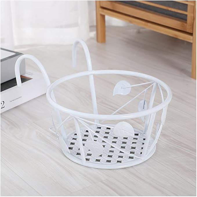 1 PCS Iron Art Hanging Baskets Flower Pot Holder, Holder Plant Holder Over The Rail Metal Fence Planters for Patio Balcony Porch or Fence (1pcs White Pattern)