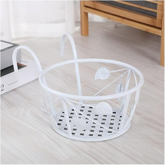 1 PCS Iron Art Hanging Baskets Flower Pot Holder, Holder Plant Holder Over The Rail Metal Fence Planters for Patio Balcony Porch or Fence (1pcs White Pattern)