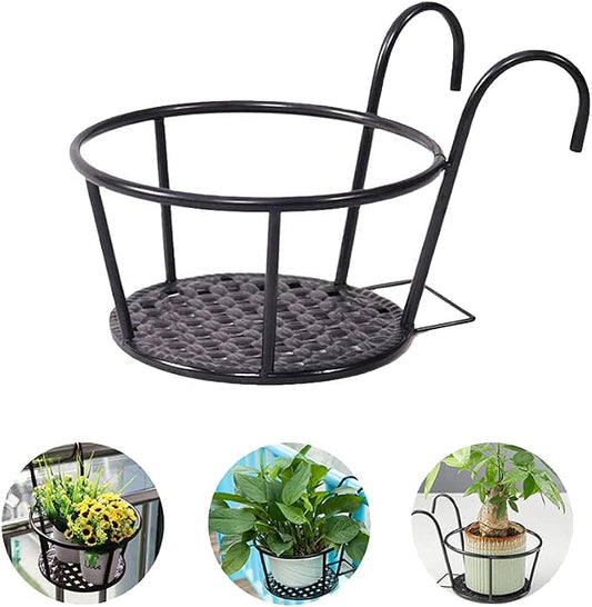 1 PCS Iron Art Hanging Baskets Flower Pot Holder, Holder Plant Holder Over The Rail Metal Fence Planters for Patio Balcony Porch or Fence (1pcs Black)