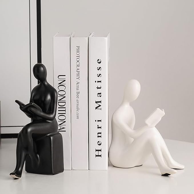 Modern Decorative Ceramic Reading Figure Bookends, Contemporary Minimalist Book Holders for Shelves, Office Home Library Decor (Black+ White)