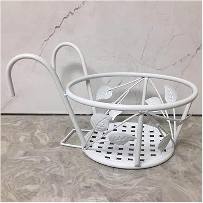 1 PCS Iron Art Hanging Baskets Flower Pot Holder, Holder Plant Holder Over The Rail Metal Fence Planters for Patio Balcony Porch or Fence (1pcs White Pattern)