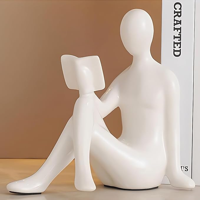 Modern Decorative Ceramic Reading Figure Bookends, Contemporary Minimalist Book Holders for Shelves, Office Home Library Decor (Black+ White)