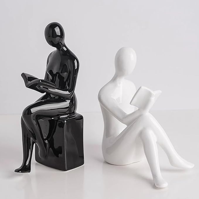 Modern Decorative Ceramic Reading Figure Bookends, Contemporary Minimalist Book Holders for Shelves, Office Home Library Decor (Black+ White)