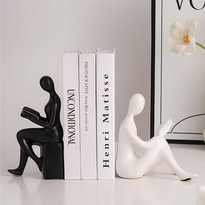 Modern Decorative Ceramic Reading Figure Bookends, Contemporary Minimalist Book Holders for Shelves, Office Home Library Decor (Black+ White)