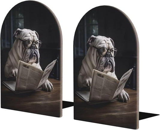 Cute Bulldog Reading The Newspaper 2 Piece Wood Decorative Bookends 6.7x4.2 in, Book Ends for Home Office Library Shelves Decor Room Kitchen Desktop