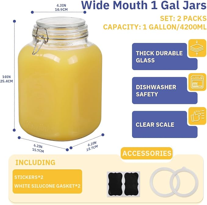 1 Gallon Glass Jars Mouth Storage Jar with Airtight Lids Sturdy Large Square Canning Jars with Measurement Mark for Kitchen, Pantry (Glass Lid)