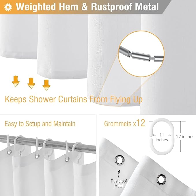 BTTN Long Fabric Shower Curtain - 72x80 Inch Linen Textured Heavy Duty Polyester Cloth Shower Curtain Set with Plastic Hooks, Hotel Trendy Luxury Waterproof Modern Shower Curtains for Bathroom, White