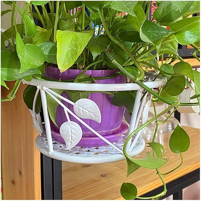 1 PCS Iron Art Hanging Baskets Flower Pot Holder, Holder Plant Holder Over The Rail Metal Fence Planters for Patio Balcony Porch or Fence (1pcs White Pattern)