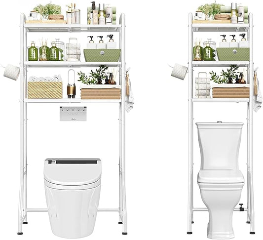 Simple Trending Expandable Over The Toilet Storage Rack, Metal 3 Tier Bathroom Organizer Shelf with Paper Holder and 3 Hooks, White
