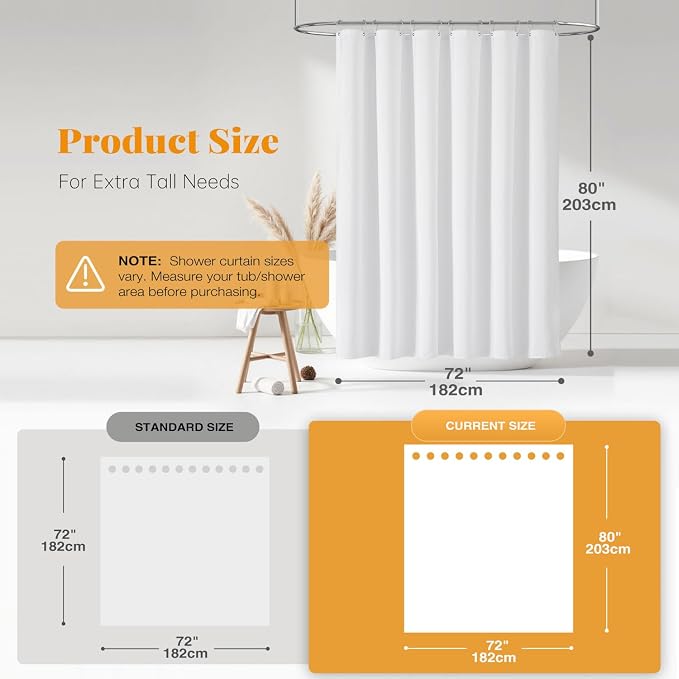 BTTN Long Fabric Shower Curtain - 72x80 Inch Linen Textured Heavy Duty Polyester Cloth Shower Curtain Set with Plastic Hooks, Hotel Trendy Luxury Waterproof Modern Shower Curtains for Bathroom, White