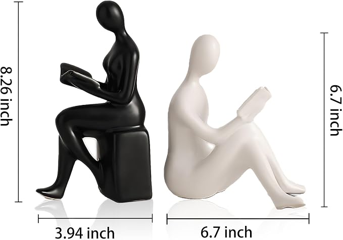 Modern Decorative Ceramic Reading Figure Bookends, Contemporary Minimalist Book Holders for Shelves, Office Home Library Decor (Black+ White)
