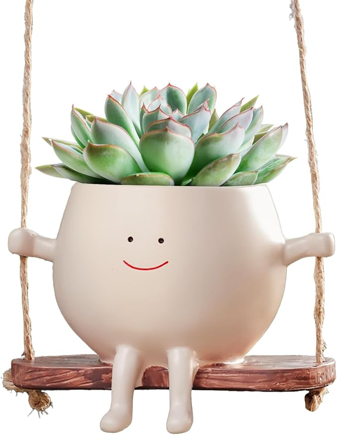 1 PC Swinging Face Plant Pots 【2025 THICKEN VERSION】Unique Cute Hanging Succulent Cactus Flower Head Resin Planters Pots for Indoor & Outdoor, Creative Novelty Decorative Planter Gift for Home Garden