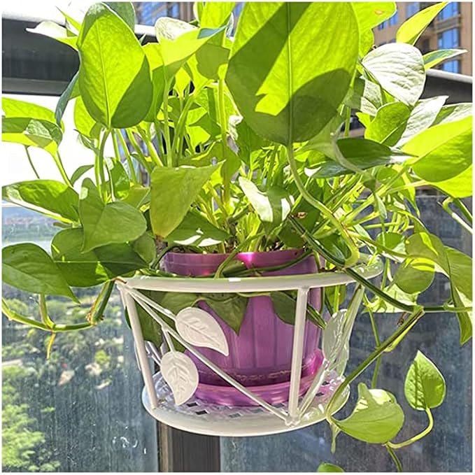 1 PCS Iron Art Hanging Baskets Flower Pot Holder, Holder Plant Holder Over The Rail Metal Fence Planters for Patio Balcony Porch or Fence (1pcs White Pattern)