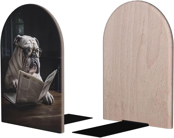 Cute Bulldog Reading The Newspaper 2 Piece Wood Decorative Bookends 6.7x4.2 in, Book Ends for Home Office Library Shelves Decor Room Kitchen Desktop