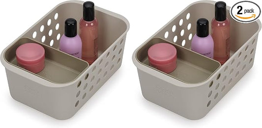 Joseph Joseph EasyStore - Bathroom essentials Storage Basket Organiser with Moveable tray, Ecru, Small (Pack of 2)