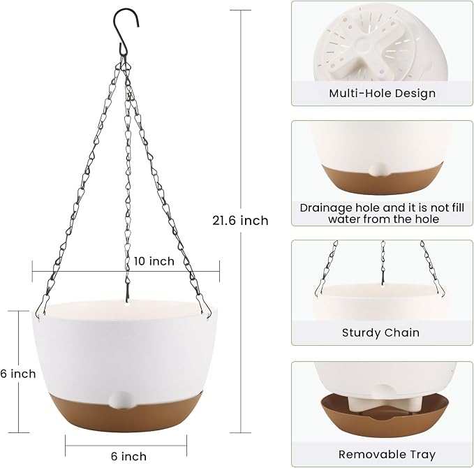 10 Inch Hanging Planter, 2 Pack Hanging Plastic Plant Self Watering Pot with Drainage Holes and Saucers, Hanging Baskets Flower Pots for Indoor Outdoor Garden Plants and Flowers-White