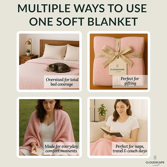 Cloud Scape Linen 100% Cotton 8 Layer Twin Size Muslin Blanket - Breatheable and Soft Winter Blanket for Bed, Couch and Sofa, Oversized Fits up to Twin XL, Best Gift Idea, 68x92, Seashell Pink
