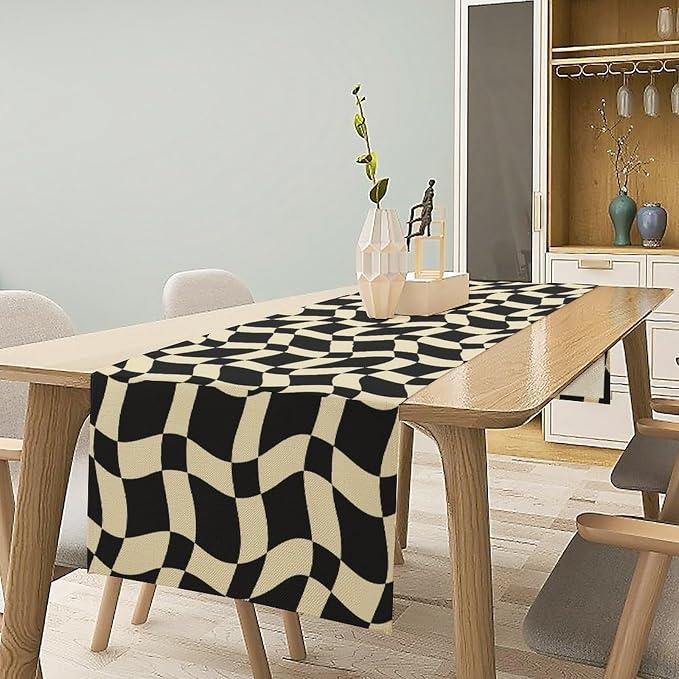 Retro Checkered Table Runner 60s 70s Vintage Twisted Black White Groovy Trendy Wavy Hippie Grid Dinner Runner for Home Kitchen Dining Table Party Holiday Decor 13"x120"