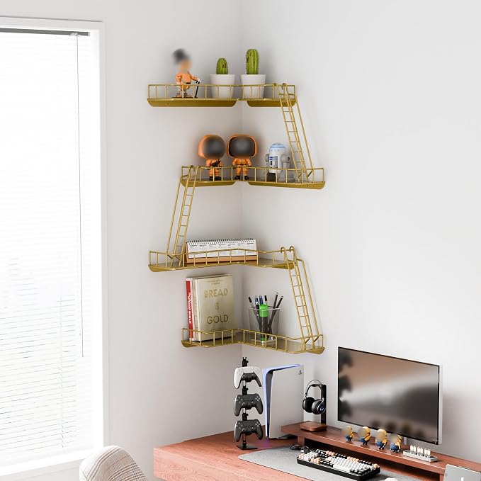 Fire Escape Wall Shelf - Modern City Style 4-Tier Corner Wall Shelves, Easy to Install Metal Ladder Shelf for Figures, New York Decorative Shelves for Bathroom, Living Room & Home Decor,Gold
