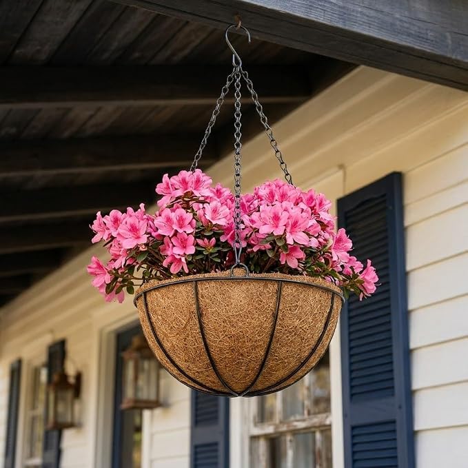 10 Inch Metal Hanging Basket with Coco Coir Liner for Flowers Planting, 2 Pack Hanging Baskets for Plants Outdoor, Round Wire Planters with Chain for Home Patio Porch Balcony Garden Decor