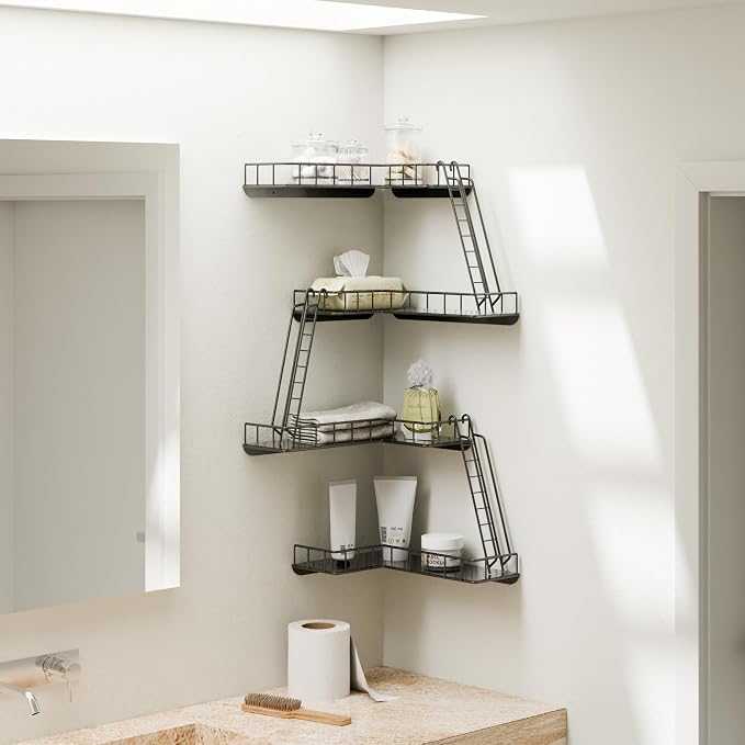 Fire Escape Wall Shelf - Modern City Style 4-Tier Corner Wall Shelves, Easy to Install Metal Ladder Shelf for Figures, New York Decorative Shelves for Bathroom, Living Room & Home Decor,Black