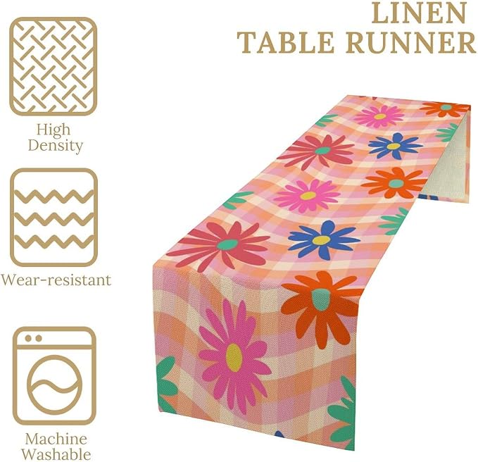 Retro Floral Checkered Table Runner Vintage Gardern Flowers Twisted Colorful Groovy Trendy Hippie Grid Farmhouse Country Dinner Runner for Home Kitchen Dining Table Party Holiday Decor 13"x60"