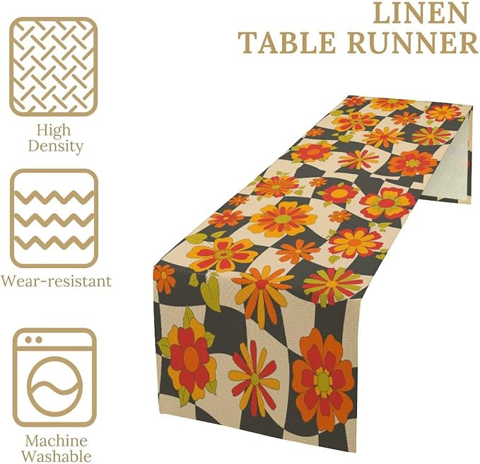 Retro Floral Checkered Table Runner 60s 70s Vintage Flowers Twisted Colorful Groovy Trendy Hippie Grid Farmhouse Country Dinner Runner for Home Kitchen Dining Table Party Holiday Decor 13"x120"