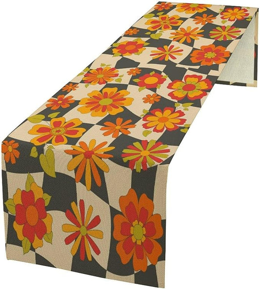 Retro Floral Checkered Table Runner 60s 70s Vintage Flowers Twisted Colorful Groovy Trendy Hippie Grid Farmhouse Country Dinner Runner for Home Kitchen Dining Table Party Holiday Decor 13"x120"