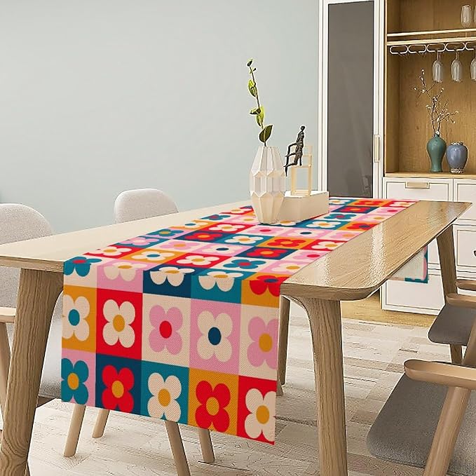 Retro Floral Checkered Table Runner Vintage Gardern Flowers Groovy Trendy Hippie Grid Farmhouse Country Dinner Runner for Home Kitchen Dining Table Party Holiday Decor 13"x108"
