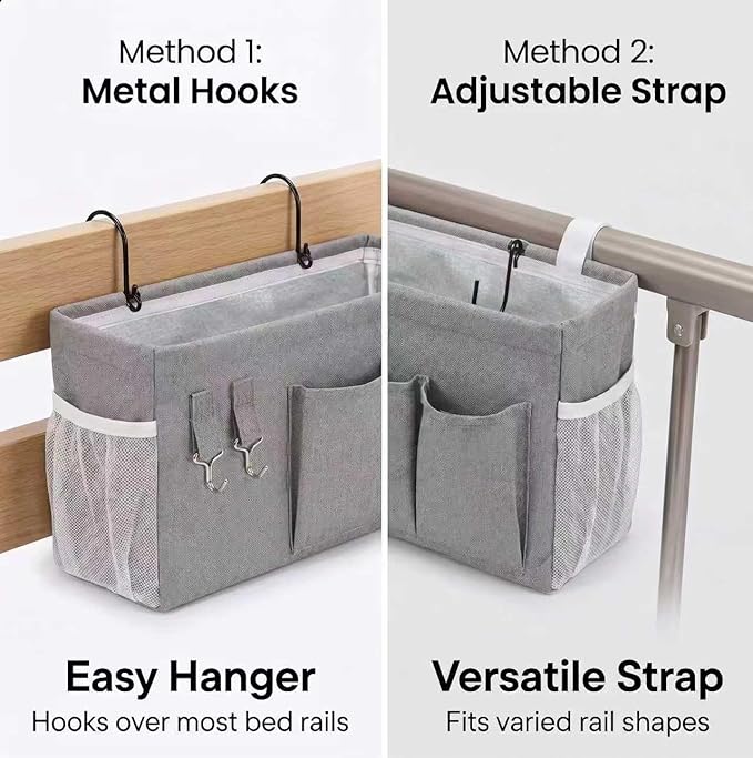 1pc Bedside Caddy Organizer with Hooks, No-Sagging Canvas Hanging Bed Pocket with Water Bottle Holder, Bedside Storage for Dorm Room Essentials, Bunk Bed Accessories, Hospital Bed Rails & Crib (pink)