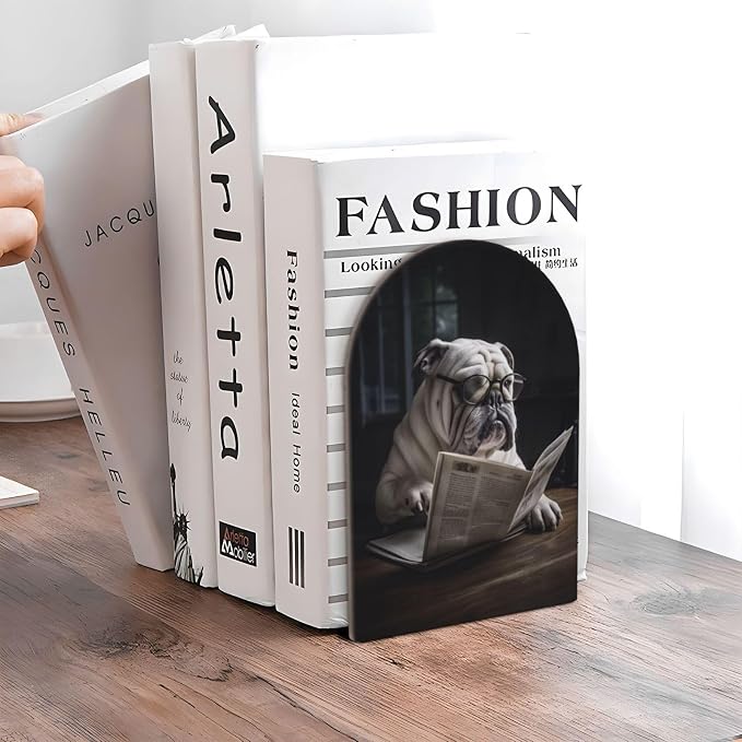 Cute Bulldog Reading The Newspaper 2 Piece Wood Decorative Bookends 6.7x4.2 in, Book Ends for Home Office Library Shelves Decor Room Kitchen Desktop