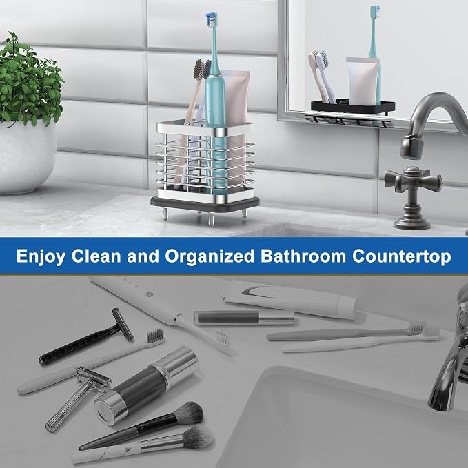 Toothbrush Holders for Bathroom, Adhesive Electric Toothbrush Holder with Fast Dry Tray Wall Mounted Toothbrush Holder Shower Toothpaste Bathroom Organizer Essentials, 2 Slots, Silver