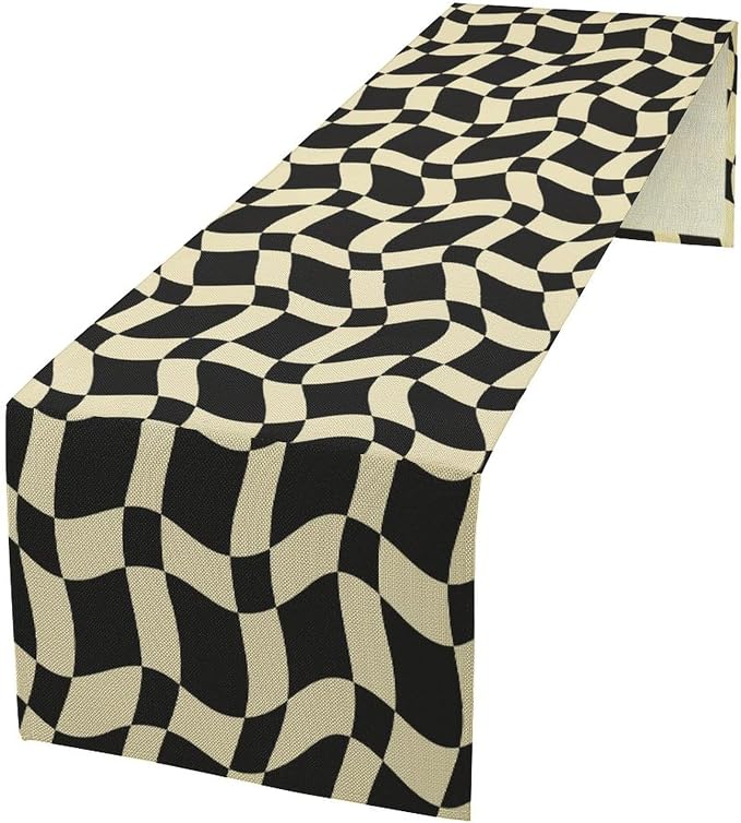 Retro Checkered Table Runner 60s 70s Vintage Twisted Black White Groovy Trendy Wavy Hippie Grid Dinner Runner for Home Kitchen Dining Table Party Holiday Decor 13"x120"