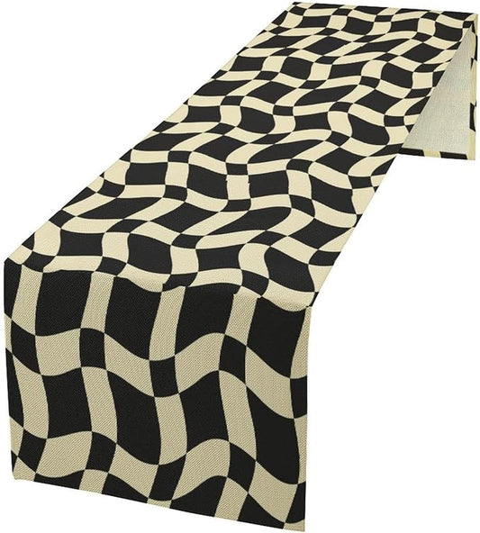 Retro Checkered Table Runner 60s 70s Vintage Twisted Black White Groovy Trendy Wavy Hippie Grid Dinner Runner for Home Kitchen Dining Table Party Holiday Decor 13"x120"