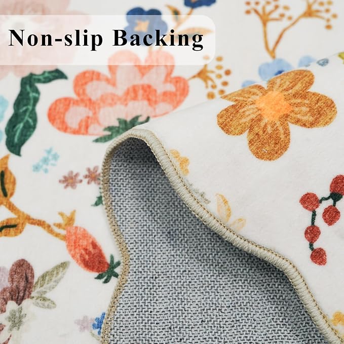 Hallway Floral 2'6x14 Runner Rugs: Washable Scalloped Soft Carpet with Non-Slip Backing for Entryway Kitchen Stain-Resistant Bedroom Floor Mat – Gifts for Newlyweds/Household Home Dcor (2'6x14,Cream)