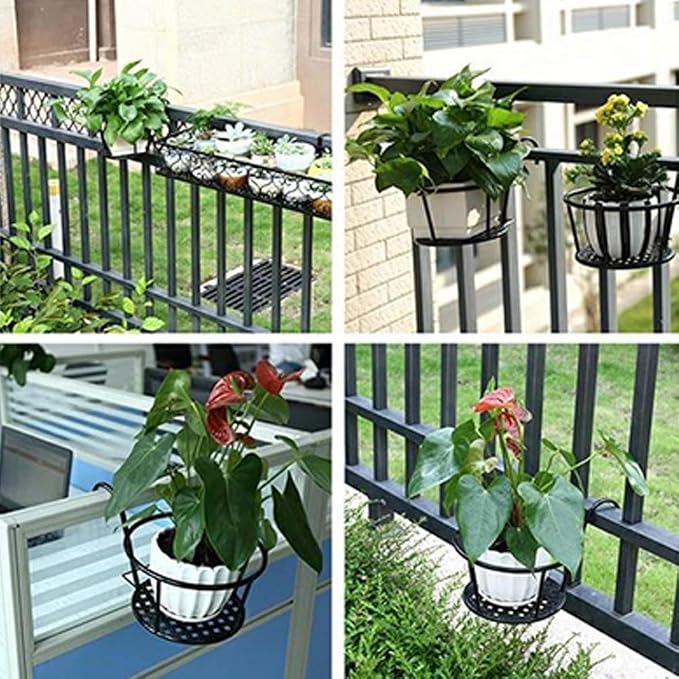 1 PCS Iron Art Hanging Baskets Flower Pot Holder, Holder Plant Holder Over The Rail Metal Fence Planters for Patio Balcony Porch or Fence (1pcs Black)