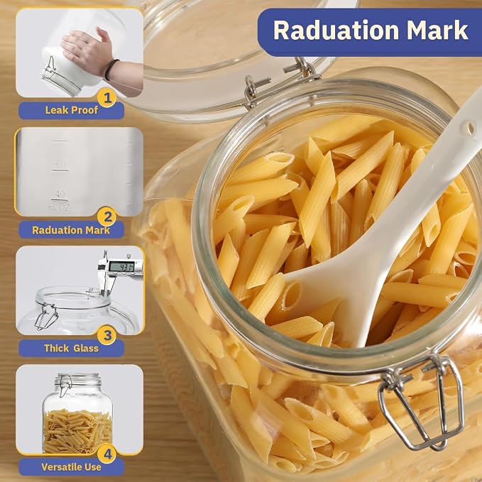1 Gallon Glass Jars Mouth Storage Jar with Airtight Lids Sturdy Large Square Canning Jars with Measurement Mark for Kitchen, Pantry (Glass Lid)