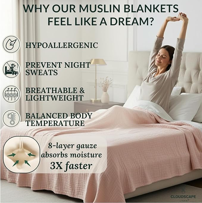Cloud Scape Linen 100% Cotton 8 Layer Twin Size Muslin Blanket - Breatheable and Soft Winter Blanket for Bed, Couch and Sofa, Oversized Fits up to Twin XL, Best Gift Idea, 68x92, Seashell Pink