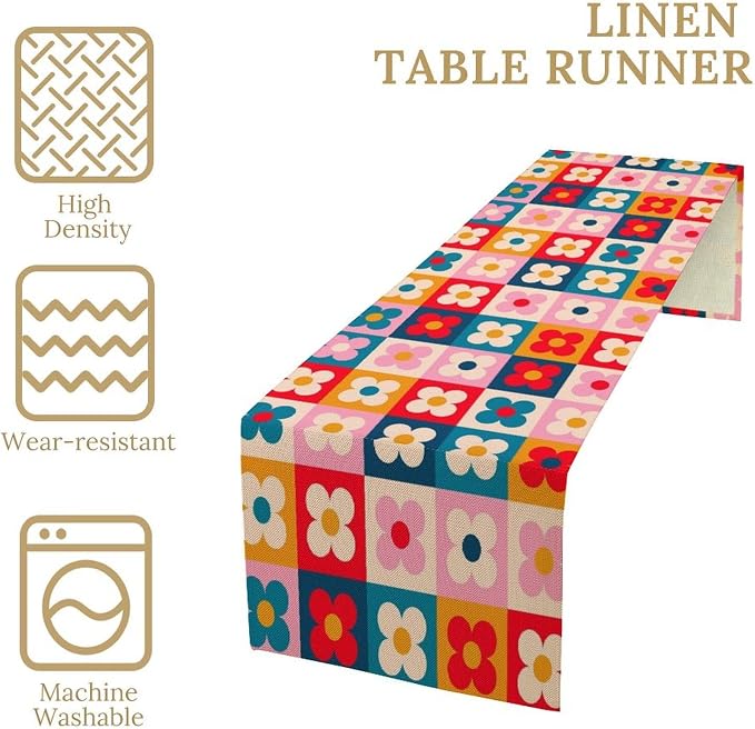 Retro Floral Checkered Table Runner Vintage Gardern Flowers Groovy Trendy Hippie Grid Farmhouse Country Dinner Runner for Home Kitchen Dining Table Party Holiday Decor 13"x108"