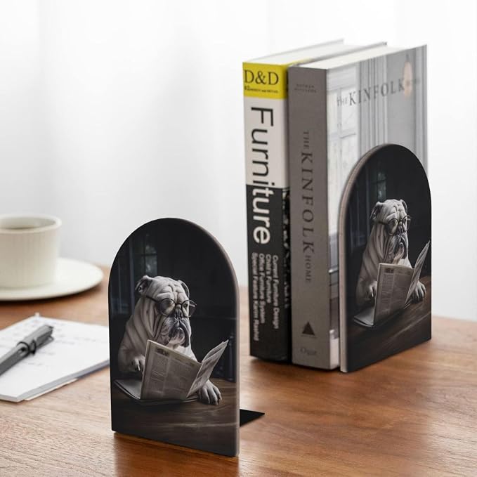 Cute Bulldog Reading The Newspaper 2 Piece Wood Decorative Bookends 6.7x4.2 in, Book Ends for Home Office Library Shelves Decor Room Kitchen Desktop