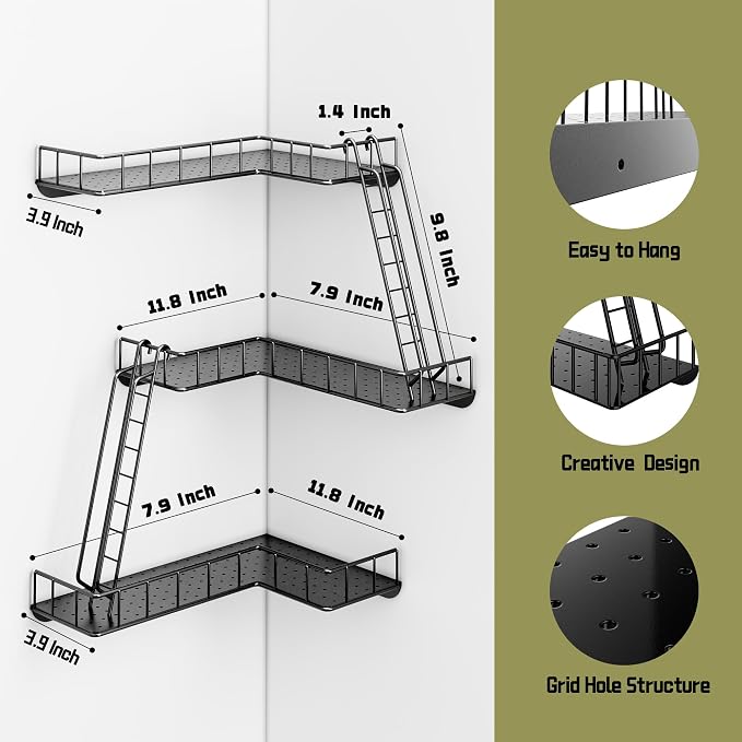 Fire Escape Wall Shelf - Modern City Style 3-Tier Corner Wall Shelves, Easy to Install Metal Ladder Shelf for Figures, New York Decorative Shelves for Bathroom, Living Room & Home Decor,Black