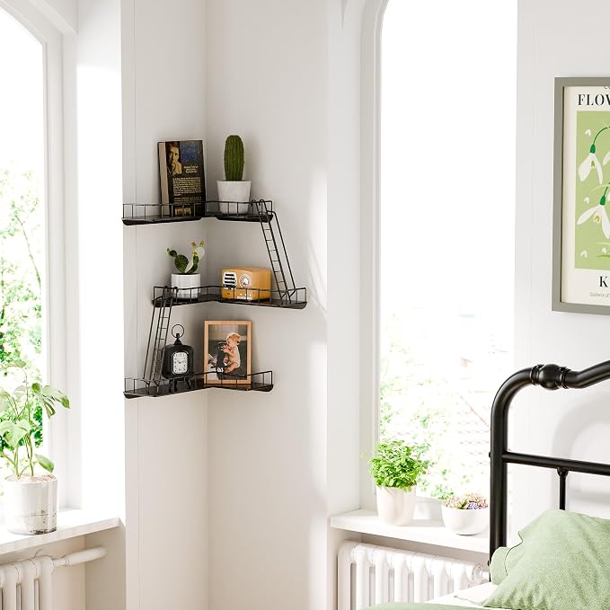Fire Escape Wall Shelf - Modern City Style 3-Tier Corner Wall Shelves, Easy to Install Metal Ladder Shelf for Figures, New York Decorative Shelves for Bathroom, Living Room & Home Decor,Black